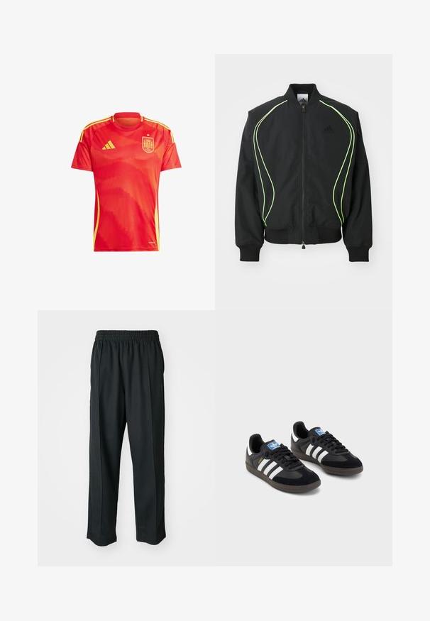 Black bomber jacket with neon green piping, ribbed cuffs, and collar. Features a zip front and side zip pocket. Made from lightweight material.; Red athletic shirt with short sleeves, featuring a textured design, yellow accents, and the Spain national football team logo.; Black athletic pants with an elastic waistband, made of smooth fabric, featuring subtle side stitching and a relaxed fit, straight leg design.; Black sneakers with a suede and synthetic upper, featuring three white stripes, textured rubber sole, and blue logo tag on the tongue.