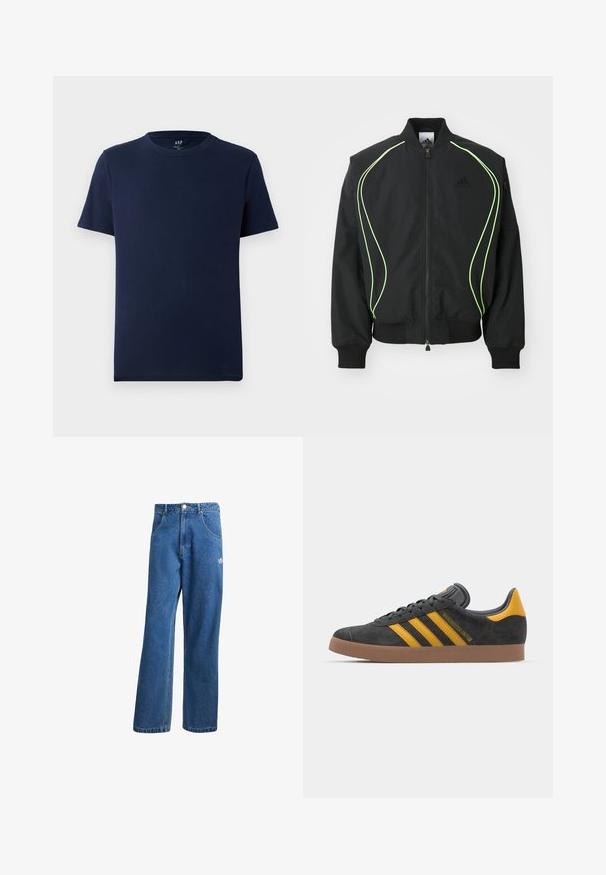 Black bomber jacket with neon green piping, ribbed cuffs, and collar. Features a zip front and side zip pocket. Made from lightweight material.; Navy blue short-sleeve crew neck cotton t-shirt with a small GAP logo printed inside the collar.; Blue high-waist wide-leg denim jeans with front pockets, belt loops, button closure, and small Adidas logo on the right thigh.; Black suede sneaker with yellow accents, featuring three stripes and a brown rubber sole. Includes a padded tongue for comfort.