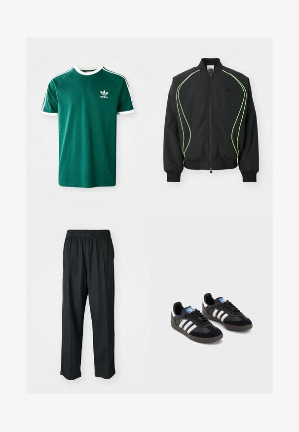 Mustmust must kaaluvate neoonroheliste detailidega, ribatatud mansettide ja kraega. Omab lukuga esiosa ja külgmist lukuga taskut. Valmistatud kergest materjalist.; Roheline puuvillane t-särk valgete aktsentidega, ümar kaelus, lühikesed varrukad ja Adidas logo vasakul rinnal. Varrukatel on valged triibud.; Mustad mustasport püksid elastse vöökoha ja sileda kangaga, millel on tagasihoidlik külgõmblus ning lõdvestatud lõige, sirge jala disain.; Mustad tossud, mille pealseks on seemisnahk ja sünteetilised materjalid, kolme valge triibuga, tekstureeritud kummitald ja sinine logo silt keele peal.