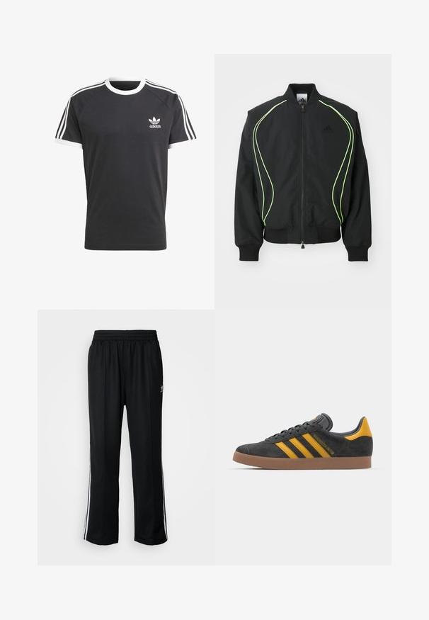Melna bumbiera futrā ar neona zaļo apdari, ribotām piedurknēm un apkakli. Ar priekšējo rāvējslēdzēju un sānu rāvējslēdzēju kabatu. Izgatavots no viegla materiāla.; Melnā T-kreklā ar baltu apkakli un piedurkņu apmalēm ir trīs baltas horizontālas svītras uz katra pleca un maza baltā Adidas logo.; Melni sporta bikses ar elastīgu jostas vietu, kurām ir baltas sānu svītras un neliels logotips. Materiāls izskatās mīksts un viegls.; Melnas zamšādas kedas ar dzelteniem akcentiem, kurām ir trīs svītras un brūna gumijas zole. Iekļauta mīksta valkāšanas tongue komfortam.