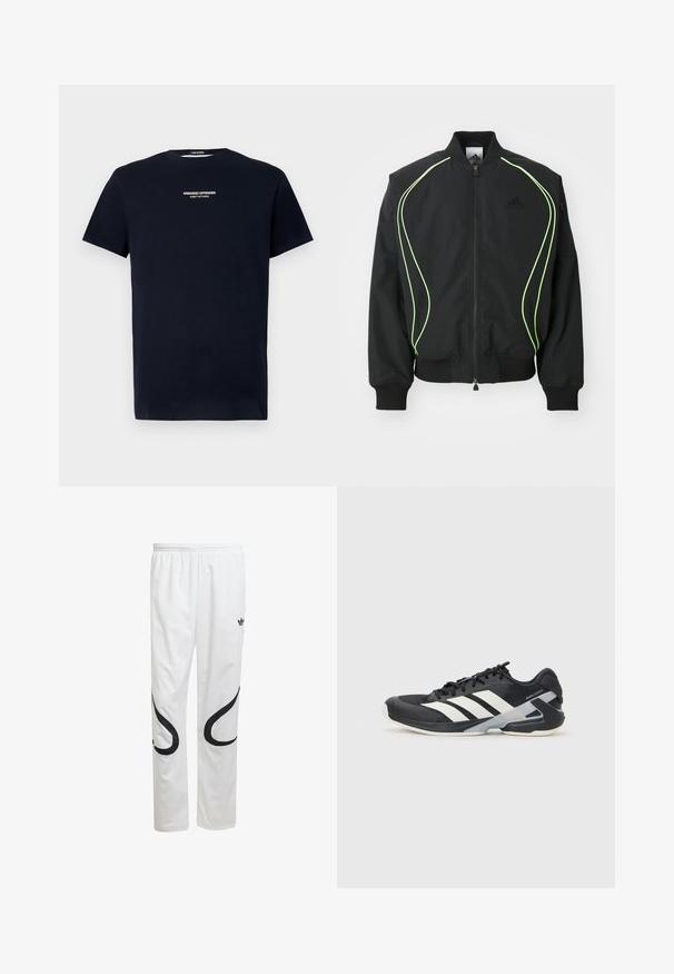 Melna bumbiera futrā ar neona zaļo apdari, ribotām piedurknēm un apkakli. Ar priekšējo rāvējslēdzēju un sānu rāvējslēdzēju kabatu. Izgatavots no viegla materiāla.; Tums gaišs zila kokvilnas T-krekls ar īsām piedurknēm un apaļu kakla izgriezumu. Priekšpusē ir balts teksts "WEEKEND OFFENDER ADMIT NOTHING."; Baltas sporta bikses ar gludu faktūru, ar melniem izliektiem rakstiem sānos un melnu logo pie jostasvietas.; Melnas sporta kurpes ar baltām svītrām, acs augšdaļa, noapaļots pirksts un mīksts zole. Iespējams ar teksturētu papēdi un drošu šņoru sistēmu.