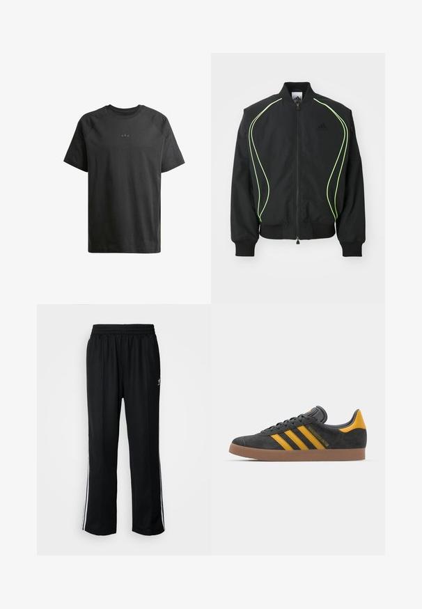 Svart bomberjakke med neongrønn piping, ribbede mansjetter og krage. Har glidelås foran og glidelåslomme på siden. Laget av lett materiale.; Svart bomull T-skjorte med korte raglanermer, med en subtil preget logo på brystet og en jevn tekstur gjennom hele.; Sorte treningsbukser med elastisk midjebånd, med hvite sidestiper og en liten logo. Materialet ser mykt og lett ut.; Sort skinnesko i svart semsket skinn med gule detaljer, med tre striper og en brun gummisåle. Inkluderer en polstret tunge for komfort.