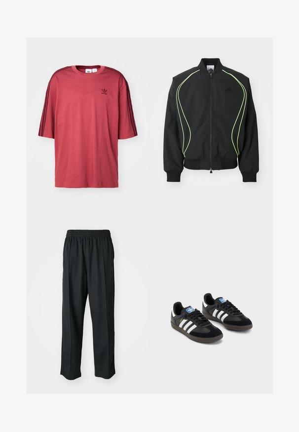 Svart bomberjacka med neongrön kant, ribbade ärmslut och krage. Har dragkedja fram och sidofickor med dragkedja. Tillverkad av lättviktig material.; Röd bomullströja med rund hals, korta ärmar och tre mörkröda ränder på varje axel. Inkluderar en liten svart logotyp på bröstet.; Svarta träningstights med elastisk midja, tillverkade av mjukt tyg, med subtila sidstygn och en avslappnad passform, rak bensdesign.; Svarta sneakers med övre del av mocka och syntetmaterial, med tre vita ränder, texturerad gummisula och blå logotags på tungan.