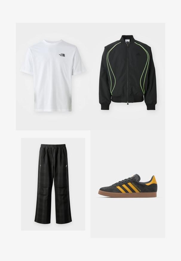 Mustat pilottitakit neonvihreillä yksityiskohdilla, ribattaa hihansuille ja kaulukselle. Varustettu vetoketjukiinnityksellä ja sivupussilla. Valmistettu kevyestä materiaalista.; Valkoinen puuvillapaita lyhyillä hihoilla, pyöreällä kauluksella ja pienellä mustalla logolla rinnassa. Normaalimuotoinen, sileä rakenne, ei kuvioita.; Mustat ruudulliset housut, joissa on joustava vyötärö, kaksi etutaskua ja rento istuvuus suoralla lahkeella. Valmistettu kevyestä materiaalista.; Mustat samettiset tennarit, joissa on keltaisia yksityiskohtia, kolmonen raita ja ruskea kumipohja. Sisältää pehmustetun kielisen mukavuutta varten.