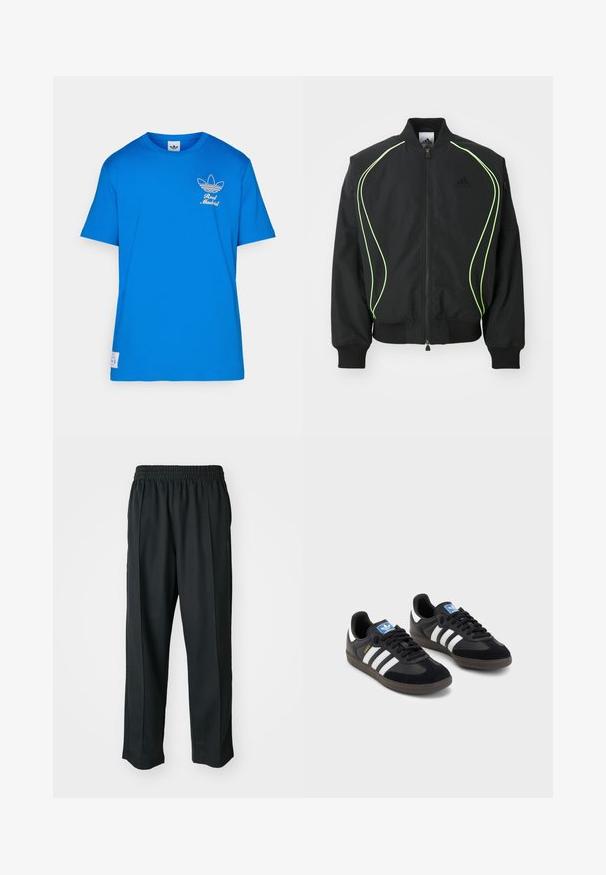 Svart bomberjacka med neongrön kant, ribbade ärmslut och krage. Har dragkedja fram och sidofickor med dragkedja. Tillverkad av lättviktig material.; Blå kortärmad bomullströja med en vit grafisk bild av Adidas-logotypen och texten "Real Madrid" på vänster bröst.; Svarta träningstights med elastisk midja, tillverkade av mjukt tyg, med subtila sidstygn och en avslappnad passform, rak bensdesign.; Svarta sneakers med övre del av mocka och syntetmaterial, med tre vita ränder, texturerad gummisula och blå logotags på tungan.