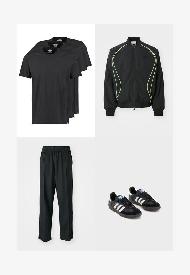 Mustat pilottitakit neonvihreillä yksityiskohdilla, ribattaa hihansuille ja kaulukselle. Varustettu vetoketjukiinnityksellä ja sivupussilla. Valmistettu kevyestä materiaalista.; Mustat puuvillapaidat kolmessa pakkauksessa. Pyöreä pääntie, lyhyet hihat ja sileä rakenne. Logotagi helman kohdalla.; Mustat urheiluhaalarit, joissa on joustava vyötärö, valmistettu sileästä kankaasta, hienovaraisilla sivusaumalla ja rento istuvuus, suora lahjetyyppi.; Mustat lenkkarit, joissa on mokkanahka- ja synteettinen päällinen, kolmella valkoisella raidalla, tekstuurilla varustettu kumipohja ja sininen logo-etiketti kielellä.