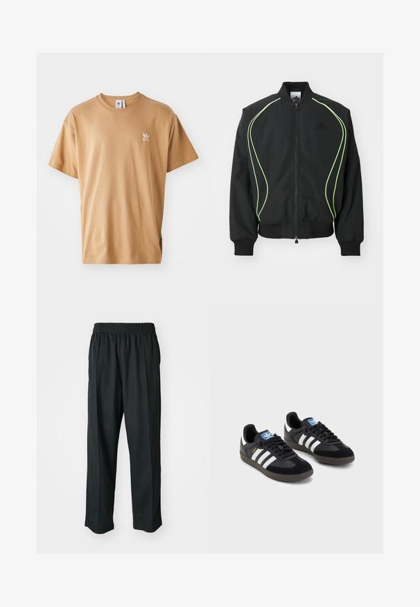 Svart bomberjakke med neongrønn piping, ribbede mansjetter og krage. Har glidelås foran og glidelåslomme på siden. Laget av lett materiale.; Brun bomull t-skjorte med rund hals og kort erme. Har en liten hvit Adidas-logo på venstre bryst. Myk tekstur, avslappet passform.; Sorte idrettsbukser med elastisk midje, laget av glatt stoff, med subtile sidesømmer og en avslappet passform, rett ben-design.; Svarte sneakers med overdel i semsket lær og syntetisk materiale, med tre hvite striper, strukturert gummisåle og blå logoetikett på tungen.