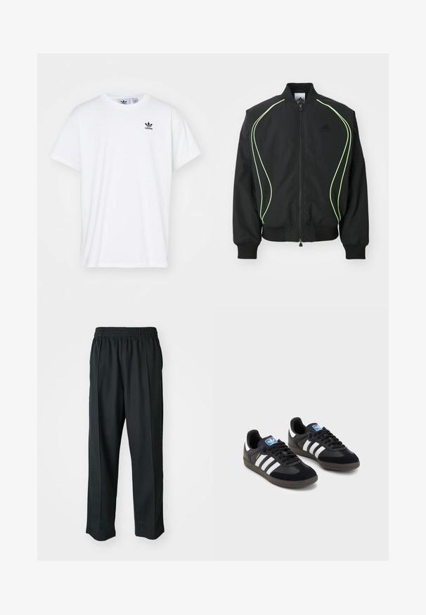 Svart bomberjakke med neongrønn piping, ribbede mansjetter og krage. Har glidelås foran og glidelåslomme på siden. Laget av lett materiale.; Hvit bomull T-skjorte med korte ermer, rund hals, og en svart Adidas-logo med tre striper på venstre brystområde.; Sorte idrettsbukser med elastisk midje, laget av glatt stoff, med subtile sidesømmer og en avslappet passform, rett ben-design.; Svarte sneakers med overdel i semsket lær og syntetisk materiale, med tre hvite striper, strukturert gummisåle og blå logoetikett på tungen.