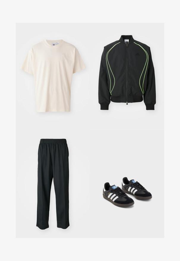 Čierna bombr jacket s neonovo zeleným lemovaním, rebrovanými manžetami a golierom. Má predný zips a bočné vrecko na zips. Vyrobené z ľahkého materiálu.; Krémové bavlnené tričko s okrúhlym výstrihom a krátkymi rukávmi; má malé, svetlého odtieňa logo na hrudi.; Čierne športové nohavice s elastickým pásom, vyrobené z hladkého materiálu, s jemným bočným šitím a voľným strihom, rovný strih.; Čierne tenisky so zvrškom z semišu a syntetického materiálu, s tromi bielymi pruhmi, štruktúrovanou gumovou podrážkou a modrou logovou etiketou na jazyku.