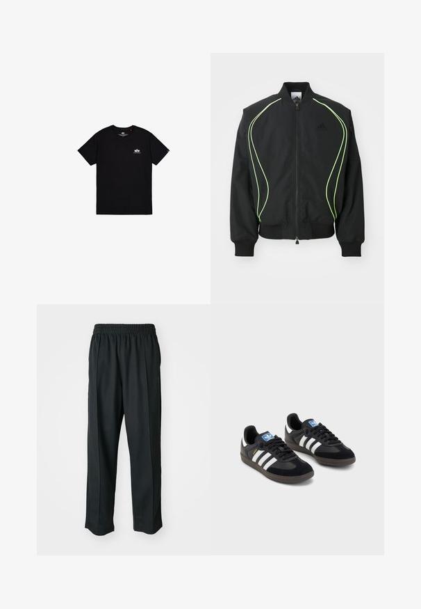Crna bomberska jakna s neonsko zelenim obrubom, rebrastim manžetama i ovratnikom. Ima zatvaranje na zip i bočni zip džep. Izrađena je od laganog materijala.; Crna majica s kratkim rukavima od pamuka. Ima mali bijeli logo na lijevoj strani prsa i etiketu na bočnom šavu. Jednostavan dizajn.; Crne atletske hlače s elastičnim pojasom, izrađene od glatkog materijala, s diskretnim bočnim šavovima i opuštenim krojem, ravne nogavice.; Crne tenisice s gornjim dijelom od antilopa i sintetičkog materijala, s tri bijele pruge, teksturiranom gumenom potplatom i plavom oznakom na jeziku.
