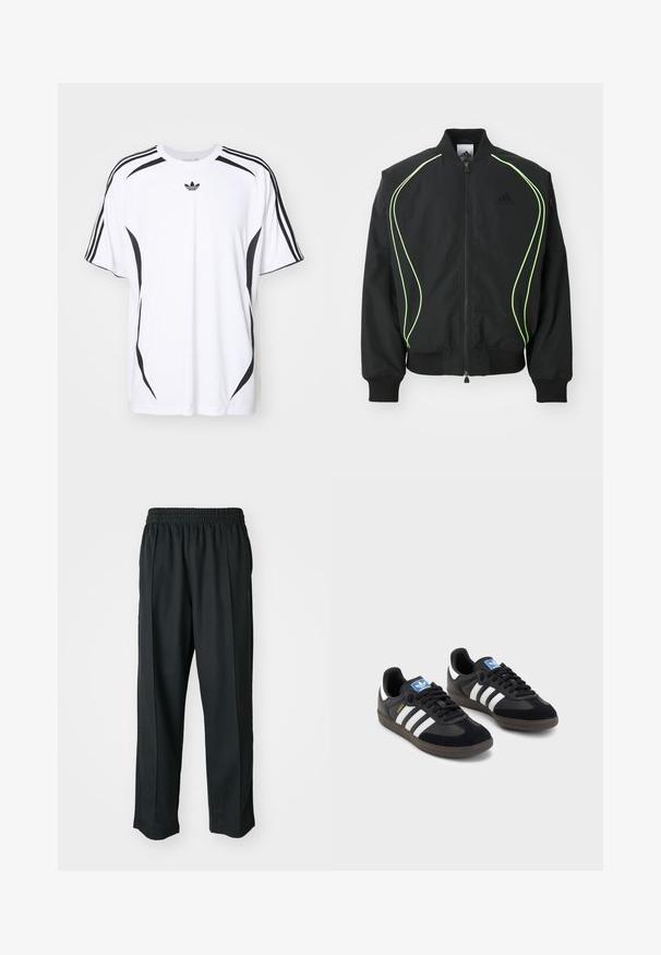 Černá bomber bunda s neonově zeleným lemem, žebrovanými manžetami a límcem. Disponuje zipem vpředu a boční kapsou na zip. Vyrobena z lehkého materiálu.; Bílý tričko s krátkým rukávem, které má černé postranní akcenty a tři černé pruhy na ramenou. Obsahuje malé černé logo na hrudi.; Černé sportovní kalhoty s elastickým pasem, vyrobené z hladké látky, s jemným bočním švem a pohodlným střihem, rovný střih nohavic.; Černé tenisky s vrškem z semiše a syntetického materiálu, s třemi bílými pruhy, texturovanou gumovou podrážkou a modrou nášivkou loga na jazyku.