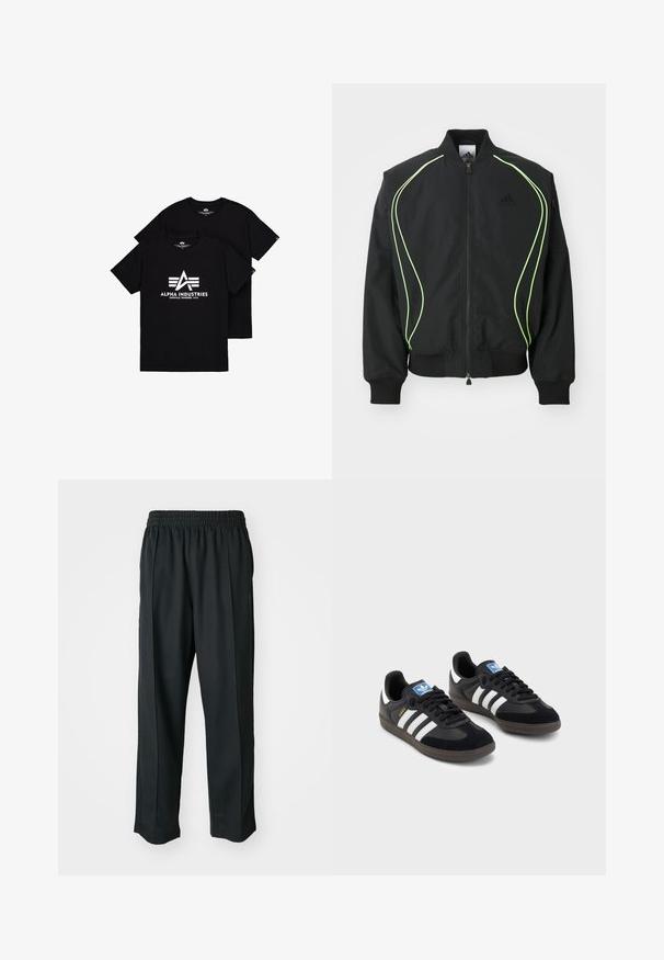 Svart bomberjakke med neongrønn piping, ribbede mansjetter og krage. Har glidelås foran og glidelåslomme på siden. Laget av lett materiale.; Sorte bomulls t-skjorter med en hvit logo med et "A" og tre striper under. Rund hals og korte ermer, vist i en stablet posisjon.; Sorte idrettsbukser med elastisk midje, laget av glatt stoff, med subtile sidesømmer og en avslappet passform, rett ben-design.; Svarte sneakers med overdel i semsket lær og syntetisk materiale, med tre hvite striper, strukturert gummisåle og blå logoetikett på tungen.