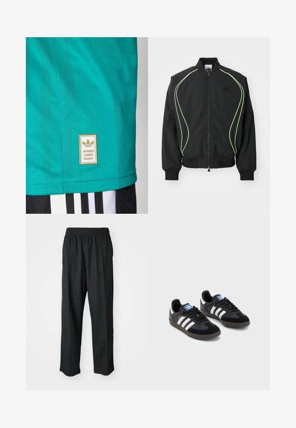 Svart bomberjacka med neongrön kant, ribbade ärmslut och krage. Har dragkedja fram och sidofickor med dragkedja. Tillverkad av lättviktig material.; Turkos träningsskjorta i ett strukturerat, ventilerande tyg. Har en guldmärkning med texten "AUTENTISKT LICENSIERAD PRODUKT" och nätdetaljer.; Svarta träningstights med elastisk midja, tillverkade av mjukt tyg, med subtila sidstygn och en avslappnad passform, rak bensdesign.; Svarta sneakers med övre del av mocka och syntetmaterial, med tre vita ränder, texturerad gummisula och blå logotags på tungan.