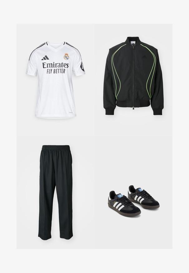 Veste bomber noire avec des passepoils vert fluo, des poignets et un col côtelés. Présente une fermeture éclair à l'avant et une poche zippée sur le côté. Fabriquée en matériau léger.; Maillot de football blanc à manches courtes, design en V, avec des accents noirs et "Emirates Fly Better" imprimé en gras noir. Présente le logo de l'équipe sur la poitrine.; Pantalons de sport noirs avec une taille élastique, fabriqués en tissu lisse, présentant des coutures latérales discrètes et une coupe décontractée, avec un design à jambes droites.; Des baskets noires avec une tige en suède et en matériaux synthétiques, dotées de trois rayures blanches, d'une semelle en caoutchouc texturé et d'une étiquette de logo bleue sur la languette.