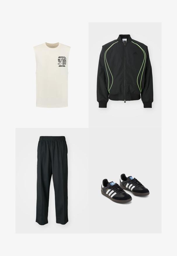 Jachetă bomber neagră cu detalii de culoare verde neon, manșete și guler texturat. Include un fermoar în față și un buzunar lateral cu fermoar. Fabricată dintr-un material ușor.; Shiwi SUNSHINE - Top - jet stream white; Pantaloni atletici negri cu talie elastică, confecționați dintr-un material neted, având cusături laterale subtile și o croială lejeră, cu pantaloni drepți.; Tenisi negri cu superior din suede și sintetic, având trei dungi albe, talpă din cauciuc texturat și etichetă albastră cu logo pe limbă.