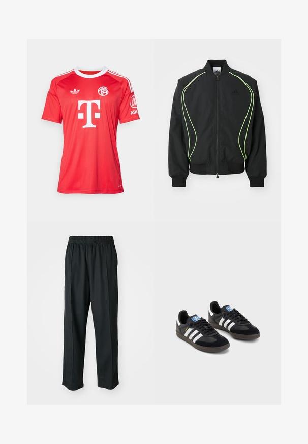 Schwarze Bomberjacke mit neongrüner Paspelierung, gerippten Bündchen und Kragen. Verfügt über einen Reißverschluss vorne und eine seitliche Reißverschlusstasche. Hergestellt aus leichtem Material.; adidas Performance FC BAYERN 2025/2026 THIRD GOALKEEPER JERSEY - Vereinsmannschaften - pure ruby; Schwarze Sporthosen mit elastischem Bund, aus glattem Stoff, mit dezenten Seitennähten und einem entspannten Schnitt, mit geradem Bein.; Schwarze Sneaker mit einem Obermaterial aus Wildleder und Synthetik, ausgestattet mit drei weißen Streifen, einer strukturierten Gummi-Sohle und einem blauen Logo-Tag auf der Zunge.