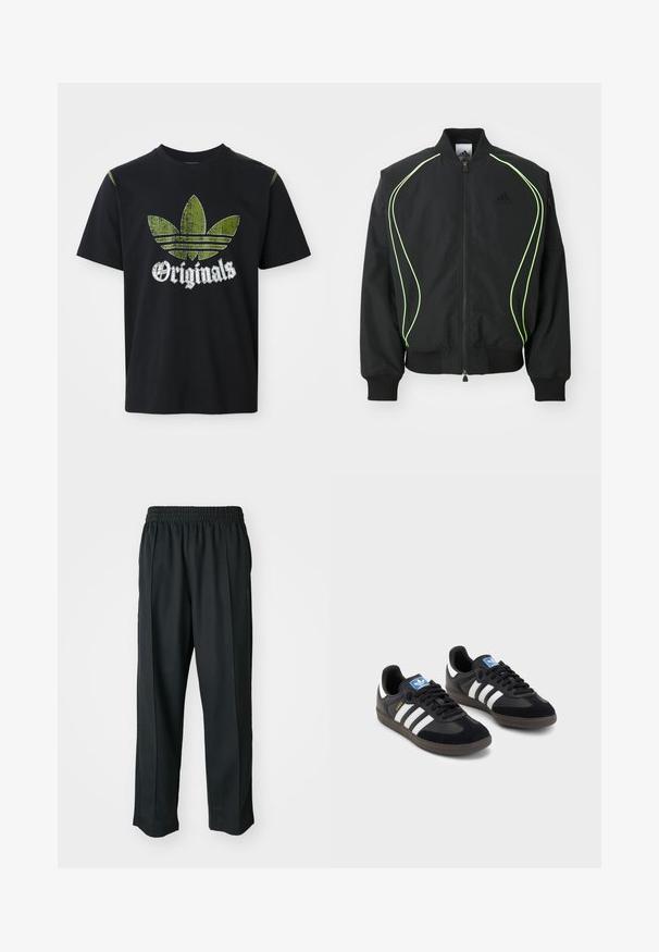 Svart bomberjakke med neongrønn piping, ribbede mansjetter og krage. Har glidelås foran og glidelåslomme på siden. Laget av lett materiale.; Svart bomull T-skjorte med et slitt grønt grafisk trykk med tre striper og ordet "Originals" under i hvitt, rund hals, korte ermer.; Sorte idrettsbukser med elastisk midje, laget av glatt stoff, med subtile sidesømmer og en avslappet passform, rett ben-design.; Svarte sneakers med overdel i semsket lær og syntetisk materiale, med tre hvite striper, strukturert gummisåle og blå logoetikett på tungen.