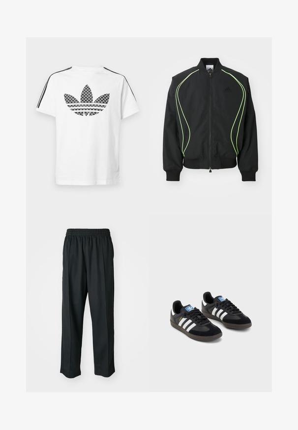 Juodas bomber stilius džemperis su neoninės žalios spalvos apvadu, suribotais rankogaliais ir apykakle. Yra užtrauktukas priekyje ir šoninė kišenė su užtrauktuku. Pagamintas iš lengvos medžiagos.; Baltas medvilninis marškinėlis su juodu grafišku trefoil logotipu priekyje, su juodomis juostelėmis ant pečių kaip akcentas.; Juodi sportiniai kelnių modeliai su elastinga juosmena, pagaminti iš šiurkščios medžiagos, su subtiliomis šoninėmis siūlėmis ir laisva, tiesia koja.; Juodi sportiniai bateliai su zomšos ir sintetine viršutine dalimi, turintys tris baltas juosteles, tekstūruotą gumos pado paviršių ir mėlyną logotipo etiketę ant liežuvėlio.