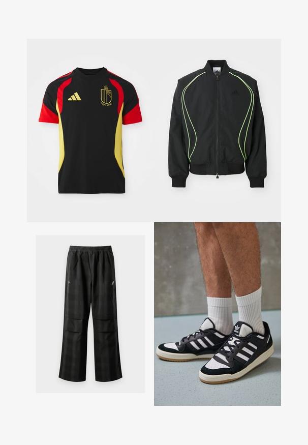 Crna bomberska jakna s neonsko zelenim obrubom, rebrastim manžetama i ovratnikom. Ima zatvaranje na zip i bočni zip džep. Izrađena je od laganog materijala.; Crna atletska majica s crvenim i žutim naglascima, s Adidas logotipom sprijeda i grbom koji predstavlja Belgiju.; Crne karirane hlače s elastičnom urezom, dva prednja džepa i ležernim krojem s ravnim nogavicama. Izrađene su od laganog materijala.; Crne i bijele tenisice s gornjim dijelom od antilopa i kože, s tri bijele pruge, perforiranim prstom i gumiranim potplatom.