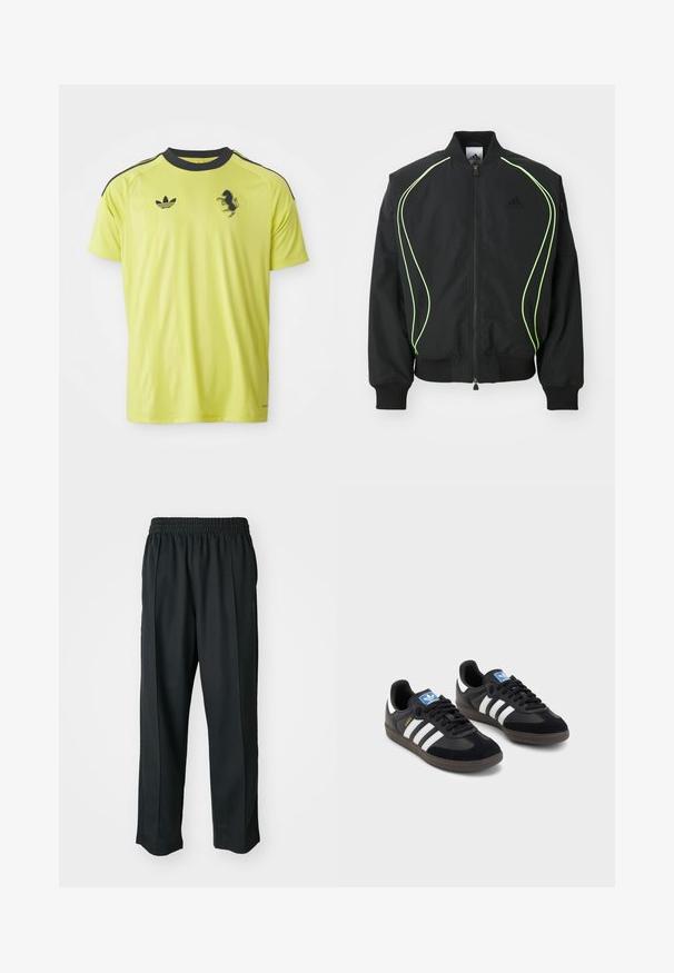 Črna bomberska jakna z neon zelenimi obrobami, rebrastimi manšetami in ovratnikom. Ima zadrgo spredaj in stranski žep z zadrgo. Narejena je iz lahkega materiala.; Svetla rumena atletska majica s črnimi detajli, kratkimi rokavi in okroglim izrezom. Vsebuje Adidasovo oznako in grafiko črnega konja.; Crne športne hlače z elastiko v pasu, narejene iz gladkega materiala, z diskretnim stranskim šivanjem in ohlapnim krojem ter ravnimi nogavicami.; Črne športne copate z zgornjim delom iz semiša in sintetičnih materialov, ki imajo tri bele črte, teksturiran gumijast podplat in modro označevalno oznako na jeziku.