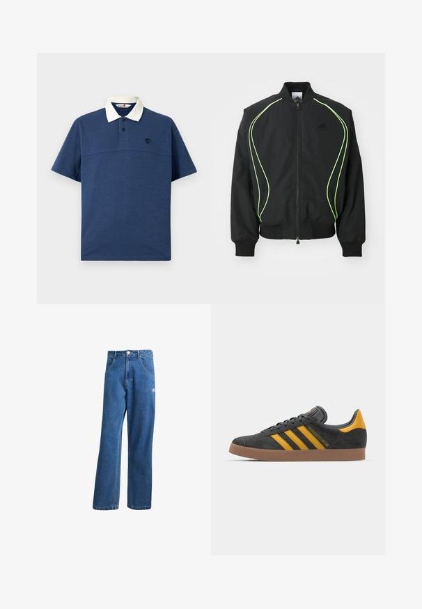 Černá bomber bunda s neonově zeleným lemem, žebrovanými manžetami a límcem. Disponuje zipem vpředu a boční kapsou na zip. Vyrobena z lehkého materiálu.; Námořnická modrá polo tričko s bílým límečkem, krátkými rukávy, dvouknoflíkovým zapínáním a malým černým logem na hrudi. Jemná textilie.; Modré vysoké široké džíny s vysokým pasem, předními kapsami, poutky na opasek, knoflíkovým zapínáním a malým logem Adidas na pravém stehně.; Černé semišové tenisky se žlutými akcenty, vybavené třemi pruhy a hnědou gumovou podrážkou. Obsahují polstrovaný jazyk pro pohodlí.