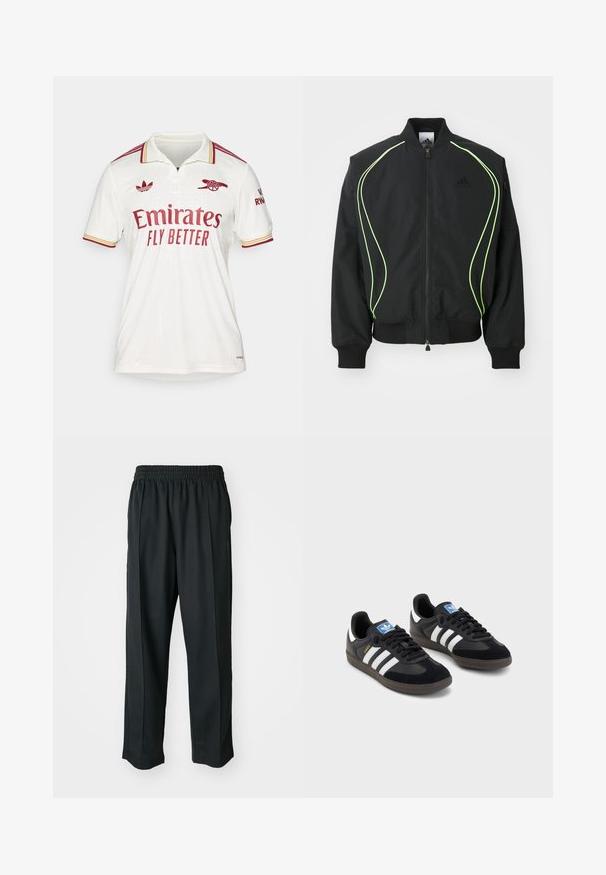 Corta-vento preto com detalhes em verde neon, punhos e colarinho canelados. Possui fecho éclair na frente e bolso lateral com fecho. Feito de material leve.; adidas Performance ARSENAL FC 25/26 3RD JERSEY - Roupa de discoteca - cloud white/team coll burgundy; Calças atléticas pretas com um cós elástico, feitas de tecido suave, com costuras laterais discretas e um ajuste descontraído, design de perna reta.; Sneakers pretos com parte superior em camurça e sintético, apresentando três riscas brancas, sola de borracha texturizada e etiqueta azul no linguete.