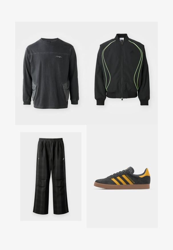 Black bomber jacket with neon green piping, ribbed cuffs, and collar. Features a zip front and side zip pocket. Made from lightweight material.; Black long-sleeve shirt with a crew neck. Features two side pockets and a mountain graphic on the chest. Made from soft cotton material.; Black plaid pants featuring an elastic waistband, two front pockets, and a loose fit with a straight leg design. Made from lightweight material.; Black suede sneaker with yellow accents, featuring three stripes and a brown rubber sole. Includes a padded tongue for comfort.