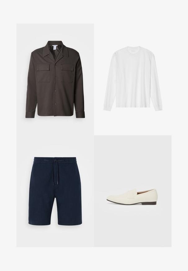 Chemise boutonnée marron foncé avec un col, deux poches poitrine et des manches longues. Fabriquée en tissu lisse avec une coupe ajustée.; T-shirt en coton blanc à manches longues avec un col rond et des poignets côtelés. Design simple et sans ornements, avec une texture lisse et une coupe standard.; Shorts bleu marine en tissu doux, avec une taille élastique dotée d'un cordon de serrage, des poches latérales et des jambes droites.; Mocassins beige clair avec un bout pointu, en matériau lisse, une sangle sur le devant et une semelle basse marron. Design simple avec des accents minimalistes.
