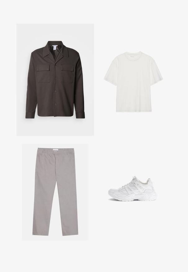 Tumepruun nööpidega särk kraega, kahe rinna taskuga ja pikkade varrukatega. Valmistatud siledast kangast, mis sobitub kehale.; Valge puuvillane t-särk lühikeste varrukatega, ümar kaelus ja kontrastse õmbluse detail kaeluse ning varrukate ümber.; Heledad hallid puuvillased püksid, millel on elastne vöökoht, kaks külgtaskut, sirge jala disain ja sile tekstuur. Lihtne õmbluse detail.; Valge tennisekeng, millel on tekstureeritud võrkkonstruktsioon, sünteetilised üleviigud ja paks, kontuuritud tald. Omab paelaga kinnitatavat disaini ja tõmbeasa.