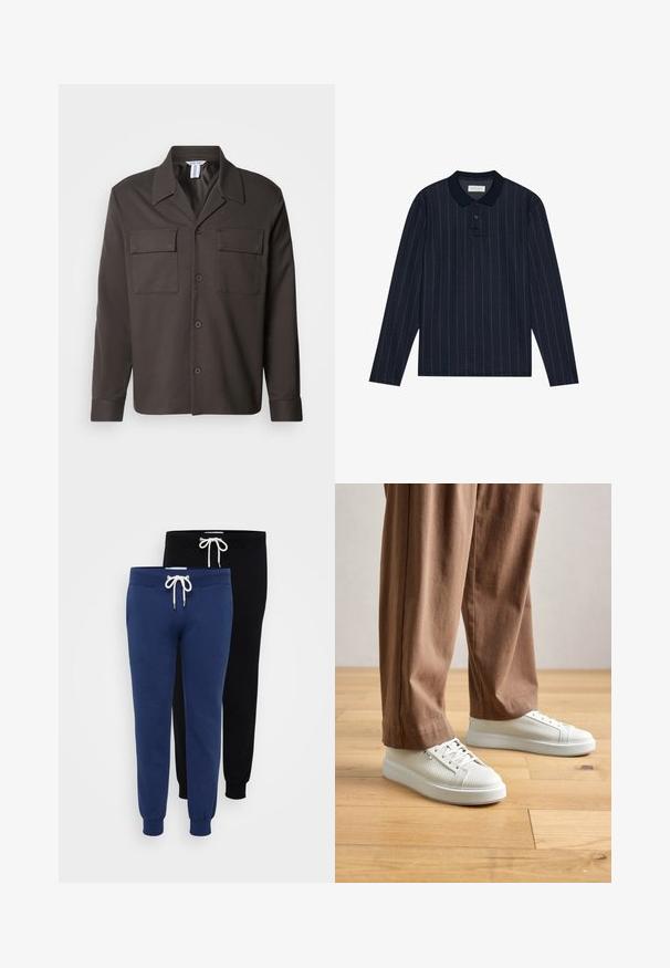 Mørkebrun skjorte med knappestolpe og krage, to brystlommer og lange ermer. Laget av glatt stoff med en skreddersydd passform.; Marineblå langermet polo med krage, med tynne vertikale striper og knappelukking med tre knapper. Myk stofftekstur.; To par med joggebukser: en marineblå og en svart. Begge har elastiske mansjetter, snøring i livet og et mykt bomullsblandingsmateriale.; Person som har på seg hvite teksturerte lave sneakers og løse brune bukser, stående på lyst tregulv.