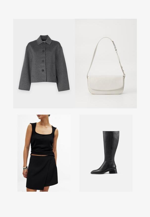 Pilkas vilnonis švarkas su apykakle, priekiniais mygtukais ir dviem šoniniais kišenėmis. Jis turi trumpą dizainą ir lygų, tekstūruotą paviršių.; Balta ilgomis rankovėmis marškiniai su mygtukų užsegimu priekyje, vienu krūtiniu kišenėje, klasikinio apykaklės dizaino ir šiek tiek pailgintu pjūviu. Lygus paviršius.; Juoda be Rankovių palaidinė su kvadratiniu iškirptimu, derinama su atitinkama juoda, įvyniojimu stiliumi sijonu, abu pagaminti iš lygaus audinio. Ant riešo auksinė apyrankė.; Juodų odinių batų iki kelių su apvalia nosimi ir žemu, kvadratiniu kulnu. Pasižymi lygia tekstūra ir minimaliais siuvinėjimo akcentais.; Balta odinė petneša su lygiu paviršiumi, stačiakampio formos, su užsegimu antklodė ir reguliuojama dirželiu. Paprastas siuvinėjimo detalės.