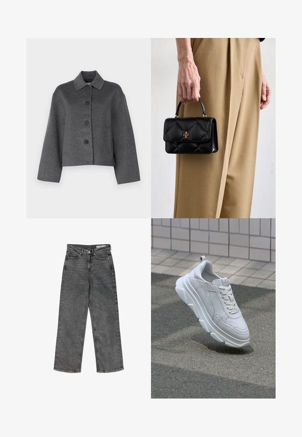 Jachetă gri din lână, cu guler, nasturi în față și două buzunare laterale. Oferă un design scurt și o finisare netedă, texturată.; Tricou cu mânecă lungă de culoare gri deschis, confecționat dintr-un material moale din bumbac. Are un decolteu rotund și o siluetă ajustată, fără modele sau accente.; Jeans negre cu talie înaltă, spălate, cu croi drept, dotate cu buzunare frontale, curea, închidere cu buton și etichetă de marcă pe banda interioară.; Sneaker alb din piele, cu o talpă din cauciuc texturată și groasă, având sistem de închidere cu șireturi și detalii de cusătură. Design cu vârful rotund și suport pentru gleznă.; Geantă din piele neagră cu un design matlasat, având un mâner superior și accesorii de nuanță aurie, ținută de o persoană îmbrăcată în pantaloni bej.