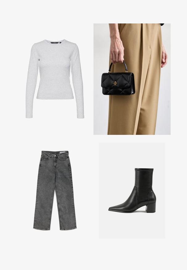 Szürke gyapjú dzseki, gallérral, elülső gombokkal és két oldalsó zsebbel. Rövidített fazonú, sima, texturált felülettel rendelkezik.; Világosszürke, hosszú ujjú póló, puha pamutkeverék anyagból készült. Kerek nyakkivágással és testhezálló fazonnal rendelkezik, minta vagy díszítés nélkül.; Magas derekú, fekete, mosott egyenes szárú farmernadrág elülső zsebekkel, övhurkokkal, gombos záródással és márkázott belső derékszalag címkével.; Fekete, sima bőrből készült bokacsizma, hegyes orral, tömbsarkal, és a felső szélen megkülönböztető kiemelt varrással.; Fekete bőr kézitáska steppelt dizájnnal, tetején fogantyúval és arany színű fém kiegészítőkkel, egy világosbarna nadrágot viselő személy által tartva.