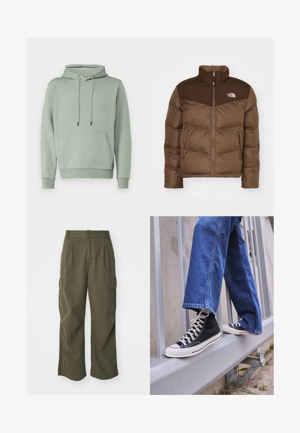 Smeđi puf jakna s patentnim zatvaračem sprijeda, visokim ovratnikom i tamije smeđim naglaskom na ramenima. Uključuje logo na lijevoj strani prsa.; Jack & Jones JJEBRADLEY HOOD - Sportska majica - iceberg green; Cargo hlače u maslinasto zelenoj boji, izrađene od pamuka, s širokim krojem, nabranim detaljima i bočnim džepovima za praktičnost.; Crne visoke tenisice s bijelim potplatom i vezicama, u kombinaciji s širokim plavim trapericama, naslonjene na sivi ogradu.