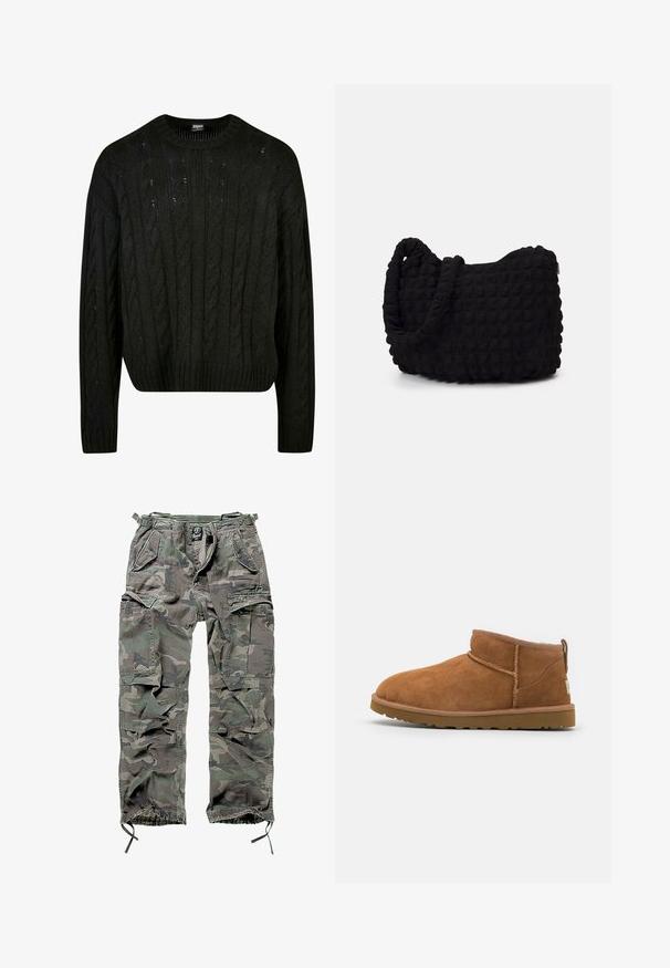 Braune Daunenjacke mit Reißverschluss vorne, hohem Kragen und einem dunkleren braunen Akzent an den Schultern. Enthält das Logo auf der linken Brust.; Schwarzer Strickpullover mit Zopfmuster, Rundhalsausschnitt, überschnittenen Schultern und geripptem Saum. Mittere Länge mit strukturiertem Finish.; Tarnfarbene Cargo-Hose in Grün und Grau, ausgestattet mit mehreren Taschen, elastischem Bund, verstellbaren Knöchelbündchen und einer lockeren Passform.; Hellbraune Wildleder-Stiefelette mit runder Zehenform, dezenten Nähdetails und einer strukturierten Gummisohle. Kurze Höhe ohne Schnürsenkel.; Schwarze Stofftasche mit einer strukturierten, gesteppten Oberfläche. Abgerundete Form, kurze, dicke Griffe und eine weiche, flexible Struktur.