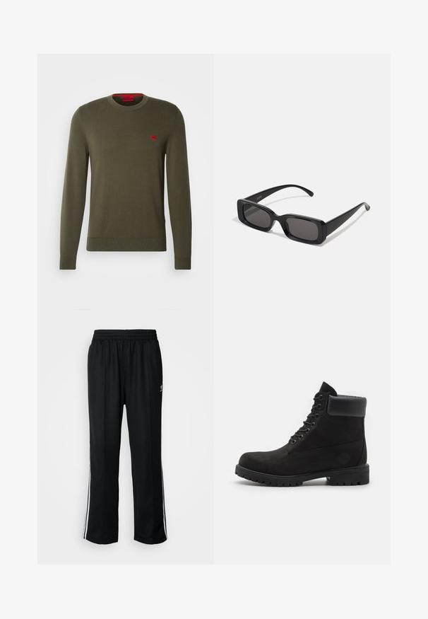 Brown puffer jacket featuring a zip front, high collar, and a darker brown accent at the shoulders. Includes the logo on the left chest.; HUGO SAN CASSIUS - Jumper - dark beige; Black athletic pants with an elastic waistband, featuring white side stripes and a small logo. Material appears soft and lightweight.; Black lace-up ankle boot with padded collar and rugged sole, shown in profile against a white background.; Black rectangular sunglasses with dark lenses, glossy finish, wide arms, and a chunky frame design. Engraved brand name on one arm.; Black fabric bag with a textured, quilted pattern. Rounded shape, short, thick handles, and a soft, flexible structure.; Set of seven silver rings featuring various designs, including twisted, linked, and engraved patterns. Different shapes and widths.