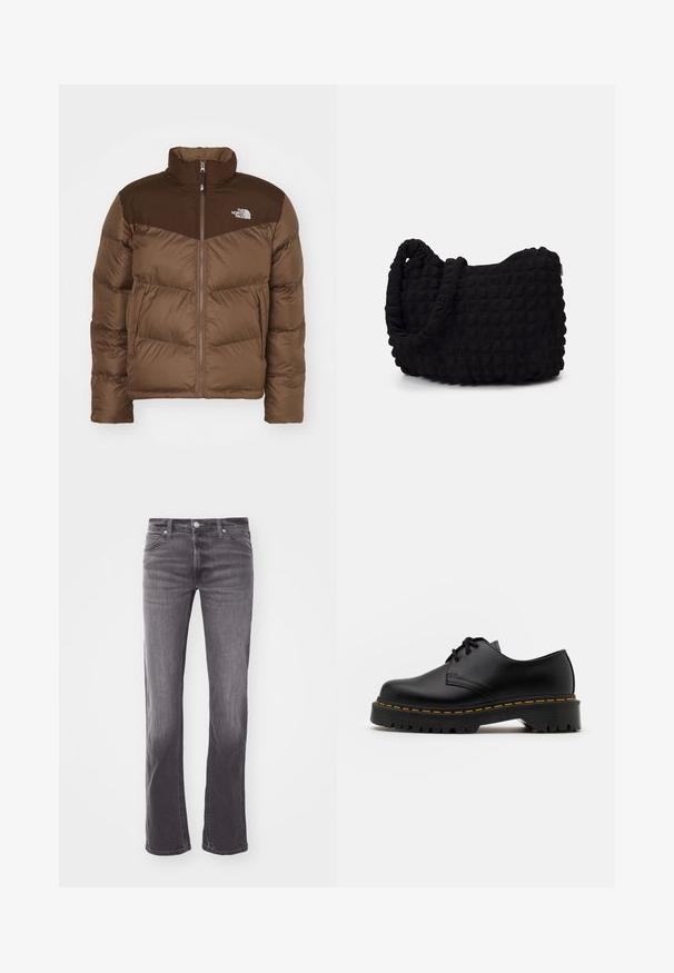 Brun puffjacka med dragkedja fram, hög krage och en mörkare brun accent vid axlarna. Inkluderar logotyp på vänster bröst.; Förpackning med fem svarta t-shirts med rund halsringning. Korta ärmar, i bomull, standard passform. Slät textur utan synliga mönster eller dekorationer.; Mörkgrå jeans för män i rak modell med bälteshål, framfickor och knappstängning.; Svart läder snörsko med rundad tå, texturerad gummisula och gul söm runt basen. Platt design och slät yta.; Svart tygväska med en strukturerad, vadderad yta. Rund form, korta, tjocka handtag och en mjuk, flexibel struktur.