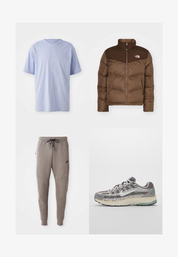 Pruun pufjakker, millel on mugav tõmblukk ees, kõrge krae ja tumedamat pruunist aktsenti õlgadel. Vasakul rinnal on logo.; Heleheles sinine puuvillane T-särk ümmarguse kaelusega ja lühikeste varrukatega. Ees keskel on reljeefne "nike" logo. Pehme tekstuur.; Hallide Nike dressipüksid, millel on nööriga vöökoht, kitsenevad sääred, küljetaskud ja eristuv õmbluse detail. Pehme, tekstureeritud kangas.; Hallus hallitus jalanõud, millel on võrgust ja sametist ülemine osa, valged rõhutused, pehme tald ning eristuv disain peegelduvate elementidega.