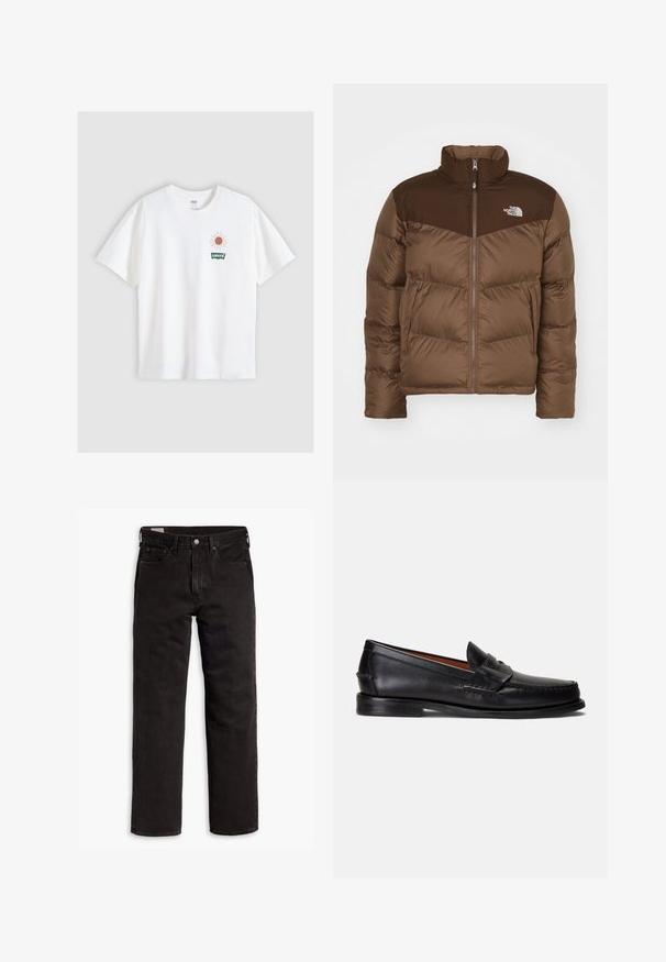 Brown puffer jacket featuring a zip front, high collar, and a darker brown accent at the shoulders. Includes the logo on the left chest.; White cotton t-shirt with short sleeves. Features a graphic of a sun and the "Levi's" logo in green, located on the left chest area.; Black straight-leg denim jeans with five pockets, button closure, and belt loops, laid flat on a white background.; Black leather loafers with a smooth finish, rounded toe, and a decorative band across the upper. Features a low black sole.