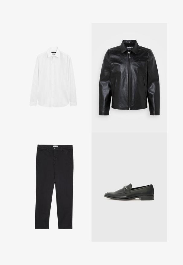Zwarte lederen jack met een kraag, een voorknop, twee zijzakken en een gladde textuur. Met een merklogo aan de binnenkant van de kraag.; Witte lange mouwen overhemd met knopen, voorzien van een subtiel gestreept patroon, klassieke kraag en afgeronde zoom. Gemaakt van lichtgewicht stof.; Zwarte katoenen broeken met een slim fit, voorzien van twee zijzakken en een sluiting met een voorknop. Geweven stof met subtiele.details.; Zwarte leren instapper met een gladde afwerking, voorzien van een gestikt ontwerp en een decoratieve metalen kettingaccent over de wreef. Platte hak.