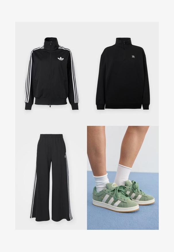 Czarna kurtka zapinana na zamek wykonana z gładkiej tkaniny, z białymi trzema paskami na rękawach i małym białym logo na piersi.; Czarna bluza z suwakiem do ćwiartki, wykonana z miękkiego materiału, z wysokim kołnierzem, ściągaczami na mankietach i małym białym logo Adidas na piersi.; Czarne szerokie spodnie dresowe z elastycznym pasem, z białymi paskami po bokach i haftowanym logo na lewej udzie.; Zielone zamszowe trampki z białymi paskami. Posiadają okrągłe sznurówki, teksturowany język oraz okrągłe logo na języku.