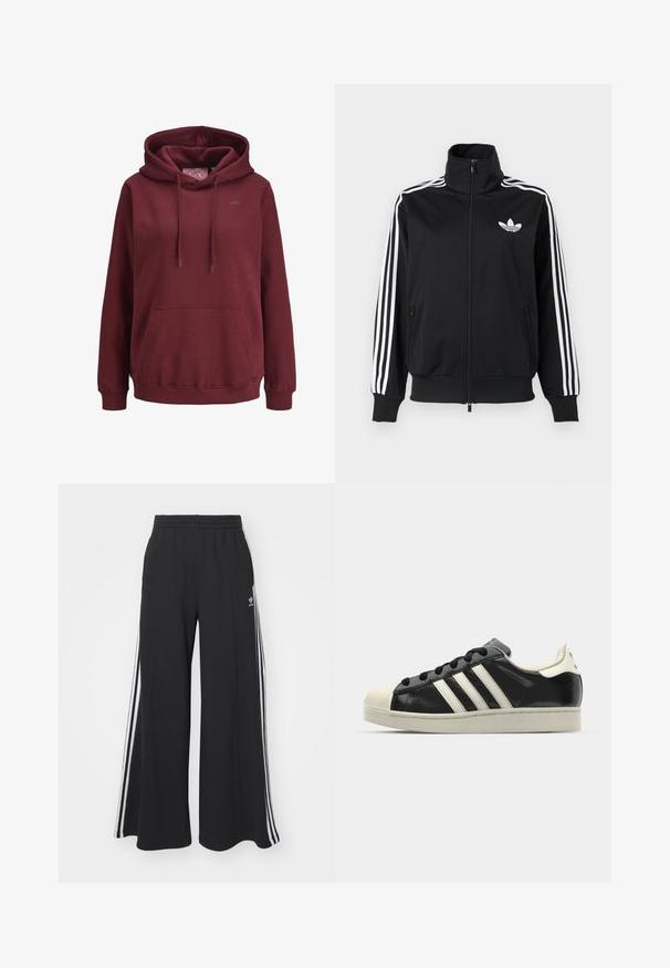 Zwarte jas met ritssluiting, gemaakt van gladde stof, met witte drie-strepen accenten op de mouwen en een klein wit logo op de borst.; Bordeaux hoodie gemaakt van zachte stof met een voorzak, verstelbare trekkoorden en een klein logo op de borst.; Zwarte wijde sweatpants met een elastische tailleband, met witte zijstrepen en een geborduurd logo op de linker dij.; Zwarte leren sneaker met witte strepen, rubberen teenbescherming, zwarte veters en een crèmekleurige loopzool. Glad oppervlak met een glanzende afwerking.