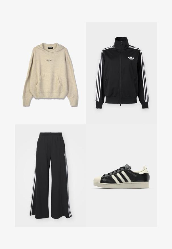 Black zip-up jacket made of smooth fabric, featuring white three-stripe accents on sleeves and a small white logo on the chest.; Fuzzy beige hoodie with a front pocket, ribbed cuffs, and a drawstring hood. Features "Pegador" logo in black on the chest.; Black wide-leg sweatpants with an elastic waistband, featuring white side stripes and an embroidered logo on the left thigh.; Black leather sneaker with white stripes, rubber toe cap, black laces, and a cream-colored outsole. Smooth texture with shiny finish.