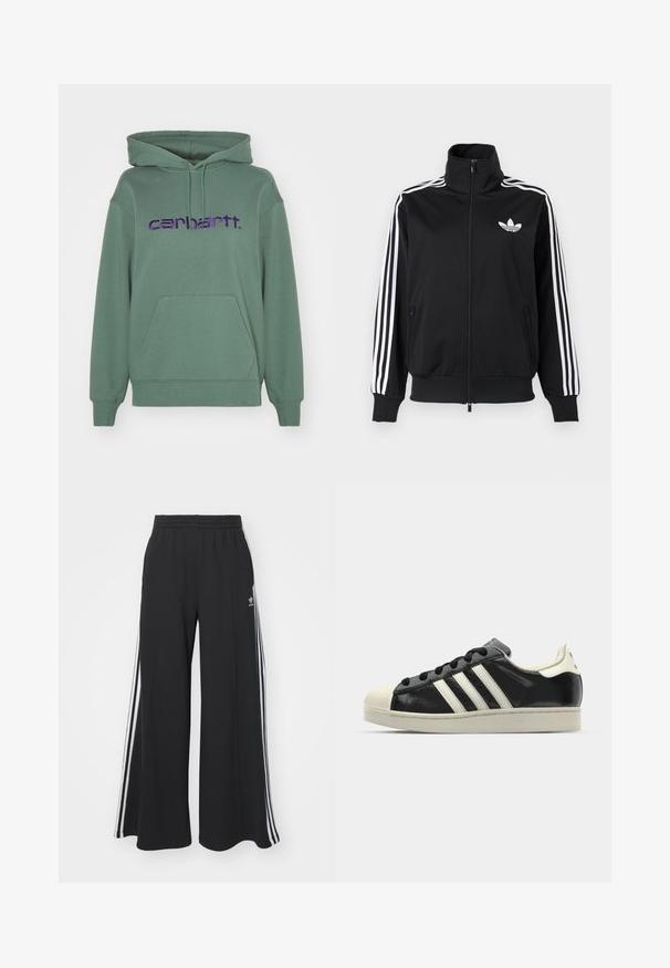 Schwarze Zip-up-Jacke aus glattem Stoff, mit weißen Drei-Streifen-Akzenten an den Ärmeln und einem kleinen weißen Logo auf der Brust.; Grüner Pullover-Hoodie aus weichem Stoff mit einer Fronttasche und großem, lila gesticktem "Carhartt."-Logo auf der Brust.; Schwarze weite Sweatpants mit elastischem Bund, versehen mit weißen Seitestreifen und einem gestickten Logo auf dem linken Oberschenkel.; Schwarze Ledersneaker mit weißen Streifen, Gummikappe, schwarzen Schnürsenkeln und einer cremefarbenen Sohle. Glatte Textur mit glänzender Oberfläche.