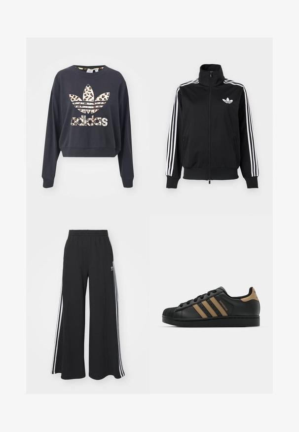 Svart hettejakke med glidelås laget av glatt stoff, med hvite tre-stripe detaljer på ermene og en liten hvit logo på brystet.; adidas Originals Sweatshirt - black; Svart vide joggebukser med elastisk midjebånd, med hvite sidestriper og brodert logo på venstre lår.; Svarte lærersneakers med tre brune striper, teksturert gummitåhette, snøring foran og flat svart såle. Har en subtil logo på hælen.