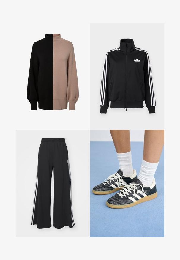 Juodas užsegamas džemperis, pagamintas iš lygaus audinio, su baltomis trimis juostelėmis ant rankovių ir mažu balto logotipo ant krūtinės.; Megztas megztas golfo džemperis su dalijimosi dizainu juodos ir šviesiai smėlinės spalvų, laisva forma, raukšlėmis galais ir minkšta tekstūra.; Juodos plačios kojų džinsinės kelnės su elastingu juosmeniu, turinčios baltas šonines juosteles ir išsiuvinėtą logotipą kairiajame šlaunyje.; Juodos odinės sportbačiai su baltais dryžiais, apvalia nosimi, baltais raišteliais ir guminiu padu. Pabrėžti paminkštinta apykakle ir prekių ženklų detalėmis.