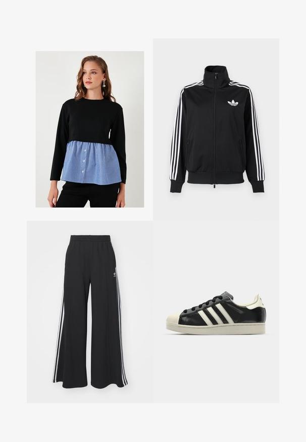 Giacca nera con zip realizzata in tessuto liscio, con dettagli a tre strisce bianche sulle maniche e un piccolo logo bianco sul petto.; Top nero a maniche lunghe con una sezione peplum a righe blu e bianche, con dettagli a bottoni davanti. Tessuto morbido in tutto il capo.; Pantaloni in felpa neri a gamba larga con vita elastica, dotati di strisce bianche sui lati e un logo ricamato sulla coscia sinistra.; Sneaker in pelle nera con strisce bianche, punta in gomma, lacci neri e suola di colore crema. Texture liscia con finitura brillante.