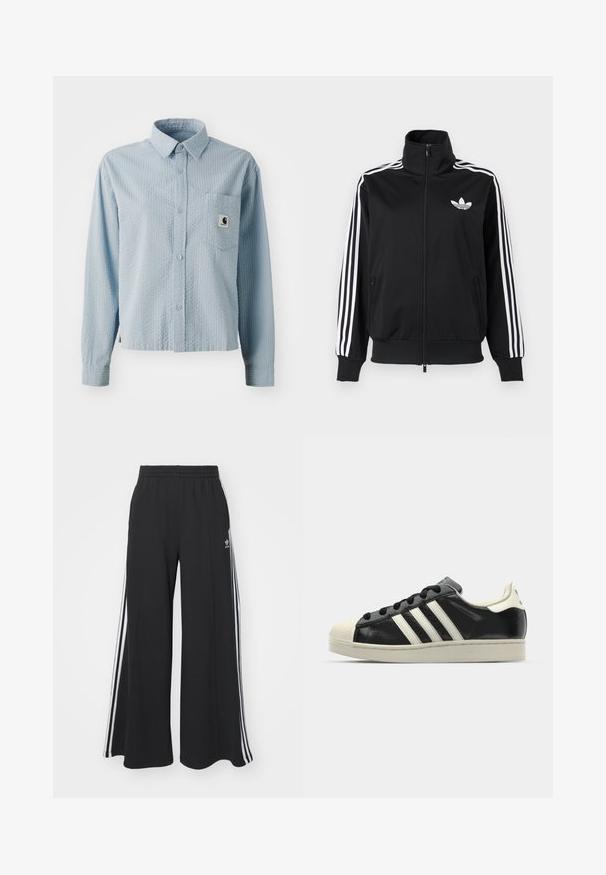 Schwarze Zip-up-Jacke aus glattem Stoff, mit weißen Drei-Streifen-Akzenten an den Ärmeln und einem kleinen weißen Logo auf der Brust.; Himmelblaues, langärmliges Hemd mit Knopfleiste, strukturiertem Muster, einer Brusttasche und einem Markenlabel auf der Tasche. Aus gewebtem Stoff gefertigt.; Schwarze weite Sweatpants mit elastischem Bund, versehen mit weißen Seitestreifen und einem gestickten Logo auf dem linken Oberschenkel.; Schwarze Ledersneaker mit weißen Streifen, Gummikappe, schwarzen Schnürsenkeln und einer cremefarbenen Sohle. Glatte Textur mit glänzender Oberfläche.