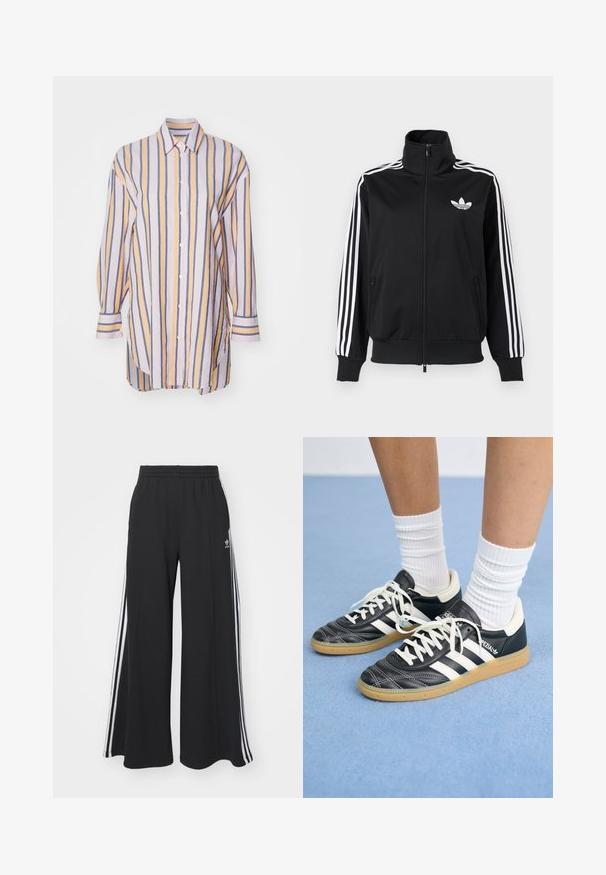 Zwarte jas met ritssluiting, gemaakt van gladde stof, met witte drie-strepen accenten op de mouwen en een klein wit logo op de borst.; Langsleeve button-up shirt met verticale strepen in pastelgeel, blauw en lavendel. Beschikt over een kraag en een gebogen zoom.; Zwarte wijde sweatpants met een elastische tailleband, met witte zijstrepen en een geborduurd logo op de linker dij.; Zwarte leren sneakers met witte strepen, ronde neus, witte veters en een gumrubberen zool. Versterkt met een gevoerd kraag en merkdetails.