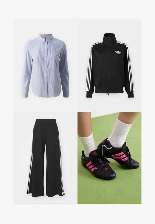 Juodas užsegamas džemperis, pagamintas iš lygaus audinio, su baltomis trimis juostelėmis ant rankovių ir mažu balto logotipo ant krūtinės.; Mėlynai ir baltai dryžuota mygtukinė marškinė; ilgomis rankovėmis, apykaklė su lygiu medvilnės tekstūru ir tiesiu apačiu.; Juodos plačios kojų džinsinės kelnės su elastingu juosmeniu, turinčios baltas šonines juosteles ir išsiuvinėtą logotipą kairiajame šlaunyje.; Juodi sportiniai bateliai su trimis rožinėmis juostelėmis, tekstūruota odinė viršutinė dalis, juodi raišteliai ir logotipo detalė, derinami su baltais raukšlėtais kojiniais ant žalios paviršiaus.